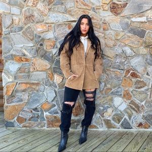 Vintage suede leather camel coat